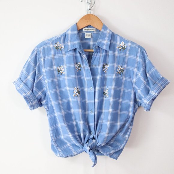 Vintage Tops - vintage 90s embroidered floral plaid shirt XS/S